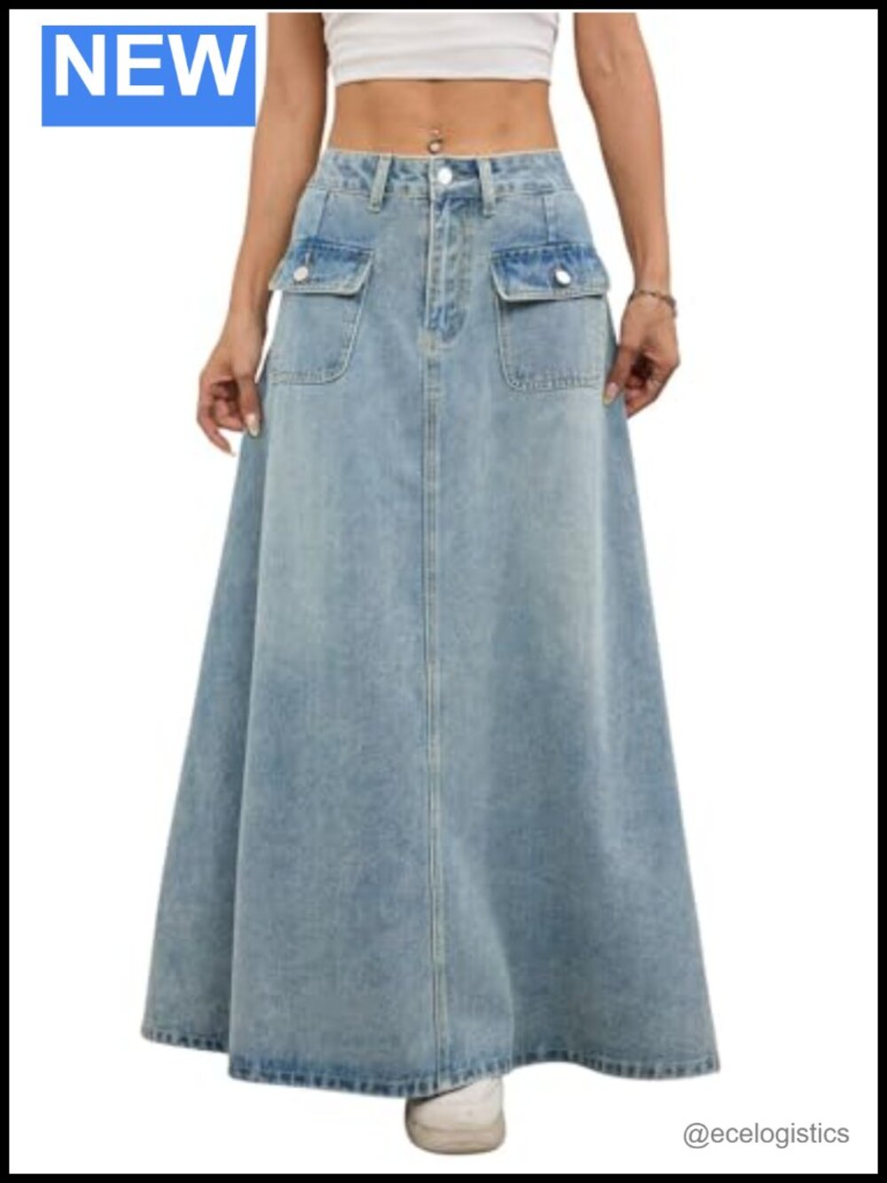 Vintage Mid-Rise Flared A-Line Denim Maxi Skirt with Pockets Pleated